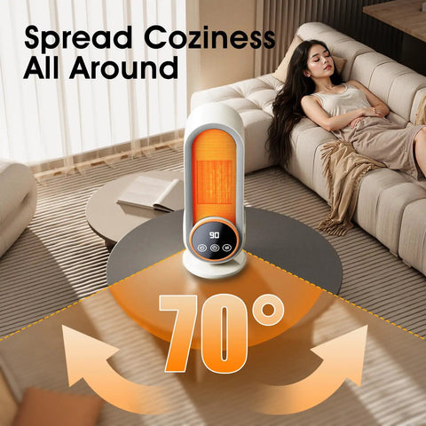 Portable Indoor Space Heater With 1200W PTC Ceramic Rapid Heating in a cozy living room, displaying 70-degree heating angle