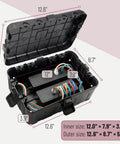 Large Outdoor Electrical Box Waterproof Weatherproof Enclosure Black For Protecting Extension Cords Plugs Sockets Timers And Power Strips Made From Heavy Duty Plastic Measures 12.5 By 8.5 By 5 Inches, open black enclosure with inner size labels