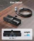 Clamp On USB Hub With External Power Sleek Aluminum 4 Port USB 3.0 Adapter With Three USB A Data Ports And A USB C Port For Monitors Desk Setup Built To Handle Power Hungry Peripherals Black shown with dimensions and cable