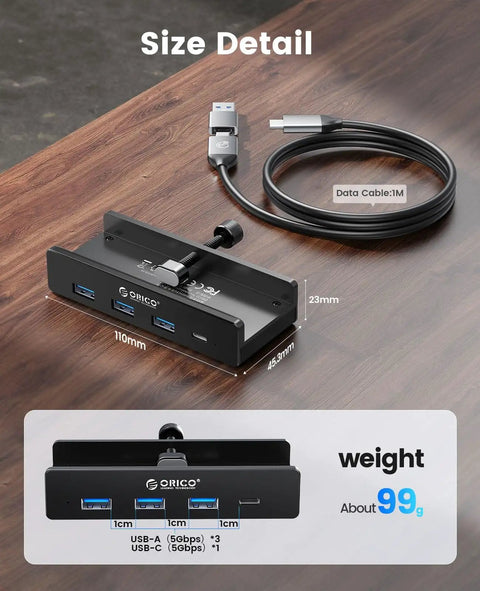 Clamp On USB Hub With External Power Sleek Aluminum 4 Port USB 3.0 Adapter With Three USB A Data Ports And A USB C Port For Monitors Desk Setup Built To Handle Power Hungry Peripherals Black shown with dimensions and cable