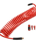 Real Deal 25 Foot Red Polyurethane Air Hose Kit Professional Grade Featuring One Quarter Inch Snap Fit Quick Coupler Automatic Rewind System For Smart Mechanics Auto Garage Shop Projects Abrasion Proof Coil Tube That Stops Tangling Forever, coiled hose with fittings