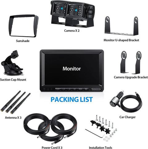 Wireless Backup Camera System Kit With Dual 7 Inch LCD Split Monitor For RV Truck Bus Camper And Trailer IP69K Waterproof components.