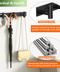 Heavy Duty Stainless Steel Wall Mounted Coat Rack With 3 Hooks Built To Last In Black Finish For Towels Coats Bags Hats And More Ideal For Bathroom Entryway Kitchen Office 1 Pack shown with headphones, umbrella, and bag hung
