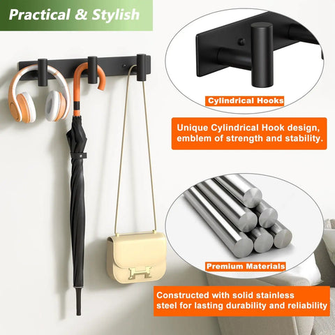 Heavy Duty Stainless Steel Wall Mounted Coat Rack With 3 Hooks Built To Last In Black Finish For Towels Coats Bags Hats And More Ideal For Bathroom Entryway Kitchen Office 1 Pack shown with headphones, umbrella, and bag hung
