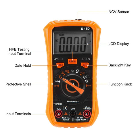 Versatile Digital Multimeter Tester for Home Auto and Industrial Use showing LCD, NCV sensor, and input terminals on orange body.