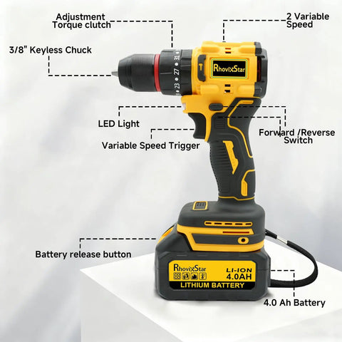 Cordless 20V Drill Kit With 2 Speed Settings, 30 Nm Torque, highlighted features, on a white surface