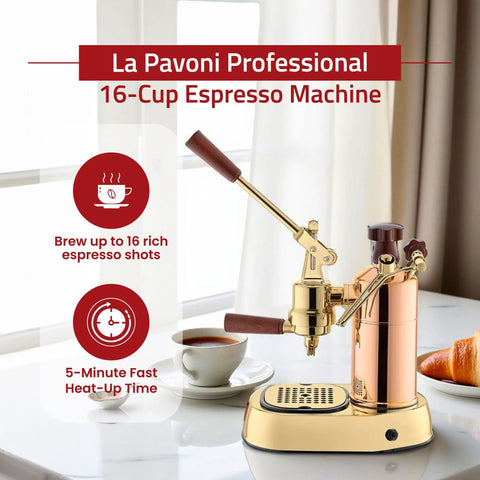 Professional 16 Cup Lever Espresso Machine With Copper And Brass Design, Bottomless Portafilter, 38 Ounce Boiler on countertop