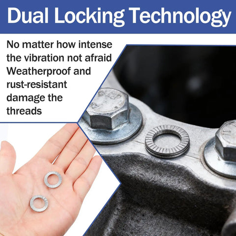 Premium 5/16 Inch Wedge Locking Washers 20 Pack Vibration Proof Manganese Steel Fasteners shown in hand and applied on bolts.