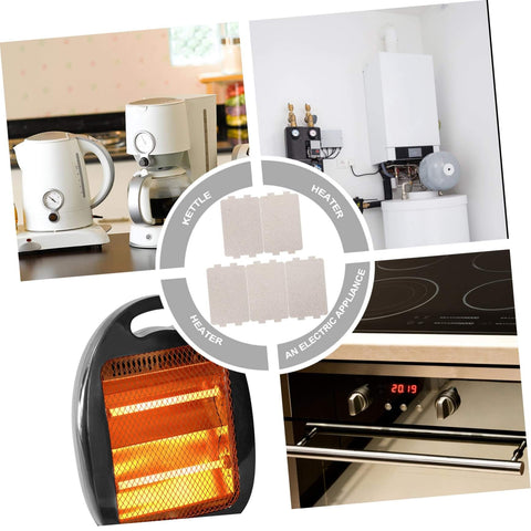 Collage showing 5 Pack Mica Sheets For Microwave Oven Insulation And Waveform Plate Replacement with kitchen appliances and heater