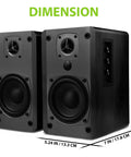 Booming 60W RMS Active Bluetooth Bookshelf Speakers with DSP and DRC dimensions and wood enclosure details, side view