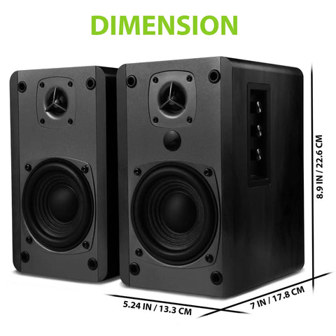 Booming 60W RMS Active Bluetooth Bookshelf Speakers with DSP and DRC dimensions and wood enclosure details, side view