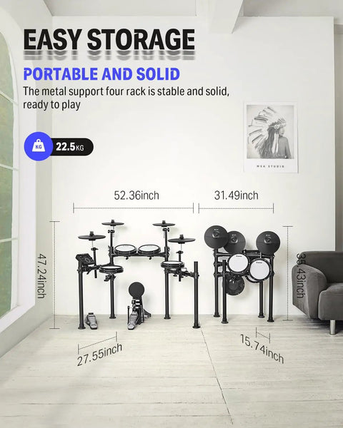 DED-200X Electronic Drum Set With Quiet Mesh Pads And Realistic Feel, 31 Kits And 450 Sounds, 2 Cymbals With Choke in home setup