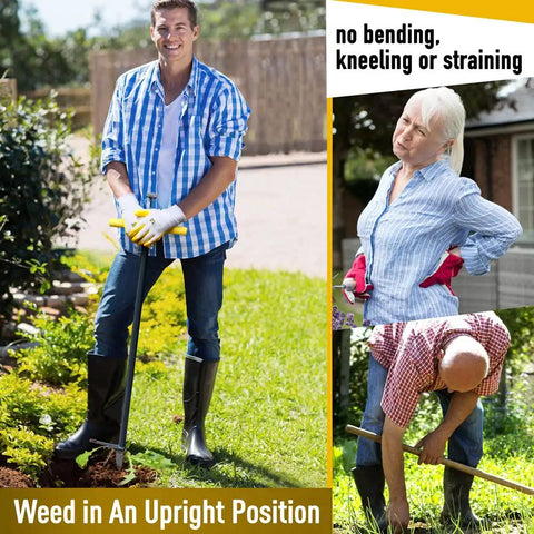 Man using Stand Up Weeder And Weed Puller Set 40 Inch With Foot Pedal Hand Weeder And Garden Gloves for upright garden weeding