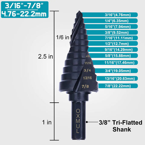 Heavy Duty Cobalt Step Drill Bit Set For Metal 3/16 To 7/8 Inch, 12 Steps, Diagram Showing Measurements and Tri-Flatted Shank