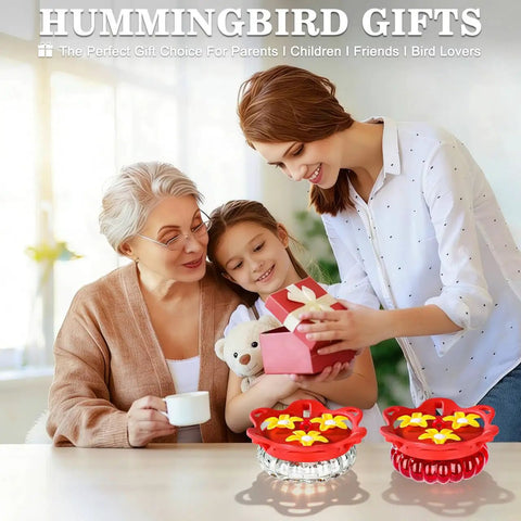 Two Pack Glass Hummingbird Feeders For Outdoors, shown as an ideal gift, with red handheld design and bee guard ports.