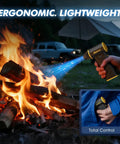 Electric Air Duster Boss 110,000 RPM 120W Cordless Blower used to stoke campfire, illustrates ergonomic and lightweight design