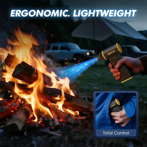 Electric Air Duster Boss 110,000 RPM 120W Cordless Blower used to stoke campfire, illustrates ergonomic and lightweight design