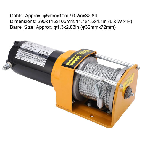 Cool 12V Electric Winch Kit Slams Out 3000Lbs With Durable 5mm X 10m Rope And Smooth 4 Way Roller Fairlead close-up of winch motor and rope.