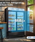 Heavy Duty Commercial Reach In Display Freezer With Two Swing Tempered Glass Doors Black 44 Point 7 Cubic Feet And Digital Controller in a cafe setting.