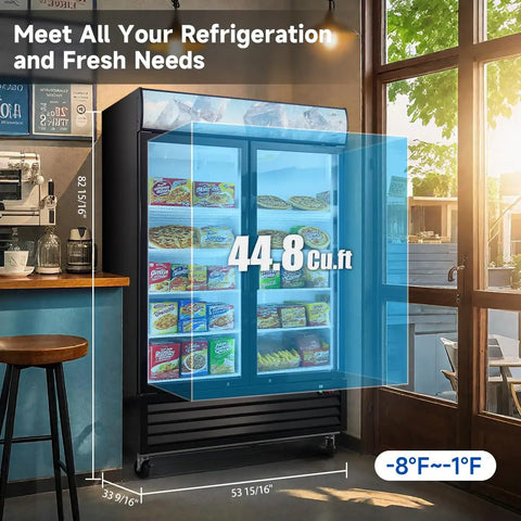 Heavy Duty Commercial Reach In Display Freezer With Two Swing Tempered Glass Doors Black 44 Point 7 Cubic Feet And Digital Controller in a cafe setting.