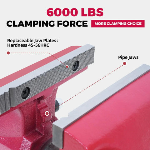 Close-up of Industrial Bench Vise 4 Inch Jaw Width With 360 Degree Swivel Base, showing replaceable jaw plates and pipe jaws.