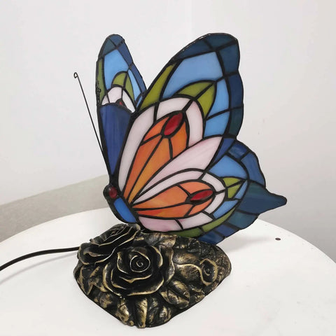 Butterfly Tiffany Style Stained Glass Accent Table Lamp Night Light with multicolored glass and floral base, side view
