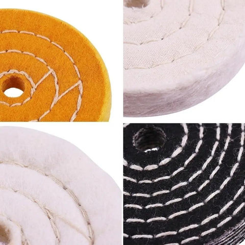 Get That Pro-Level Mirror Shine Fast With This 100mm Buffing Wheel Kit For Metal Wood And Plastic Polisher Tools Featuring 7 Pieces Of Colored Cloth Wheels To Hit The Perfect Gloss Finish Now, showing assorted colored cloth wheels.