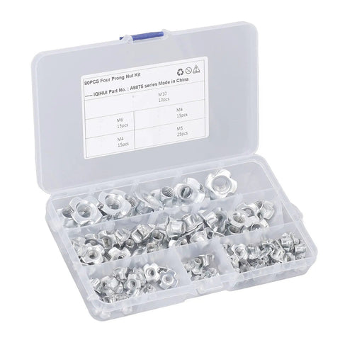 80 Piece T Nut Hardware Set for Wood and Metal, 4 Pronged Tee Nuts, Carbon Steel With White Zinc Plating, Five Sizes Including M4 and M5