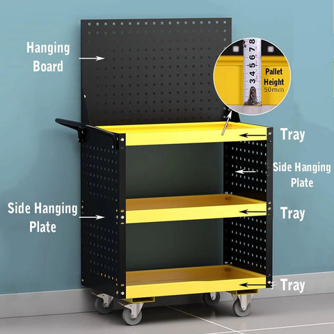 3 Tier Rolling Tool Cart With 660 Lb Capacity, Heavy Duty Steel Utility Cart On Wheels, Pegboard With 15 Hooks, Built Tough For Garage, Warehouse And Workshop, Bright Yellow with 3 trays