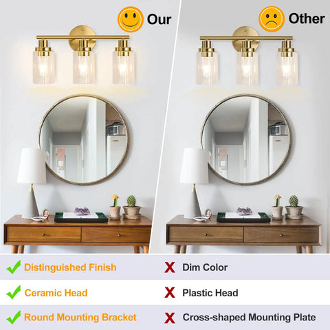 Comparison of brushed brass 3 light vanity fixture vs competitor, highlighting ceramic head and round mounting bracket advantages.