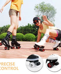 Two Pack Roller Skate Toe Stops Adjustable Rubber Brake Blocks Round Shape Replacement Parts For Quad Skates Indoor Outdoor Use, High Elastic Rubber For Safer, Smoother Braking And Easy Install shown on skaters in park.
