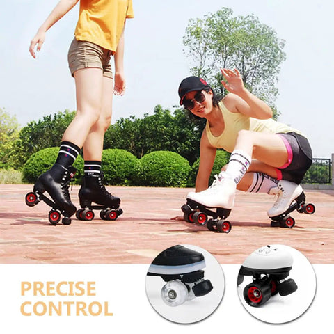 Two Pack Roller Skate Toe Stops Adjustable Rubber Brake Blocks Round Shape Replacement Parts For Quad Skates Indoor Outdoor Use, High Elastic Rubber For Safer, Smoother Braking And Easy Install shown on skaters in park.