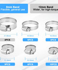 40 Piece Stainless Steel Hose Clamp Set With Adjustable Worm Gear Clamps For Fuel Lines Plumbing And Garden From One Quarter To One And One Half Inch Featuring Size Ranges 6 12mm 10 16mm 13 19mm 16 25mm 21 38mm displayed