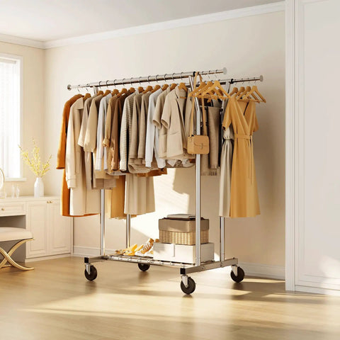 Heavy Duty Rolling Closet Rack With Bonus Shelf Space Holds Up To Seven Hundred Pounds Built Tough Steel Bar Smooth Gliding Wheels And Rock Solid Base For Home Or Boutique Silver