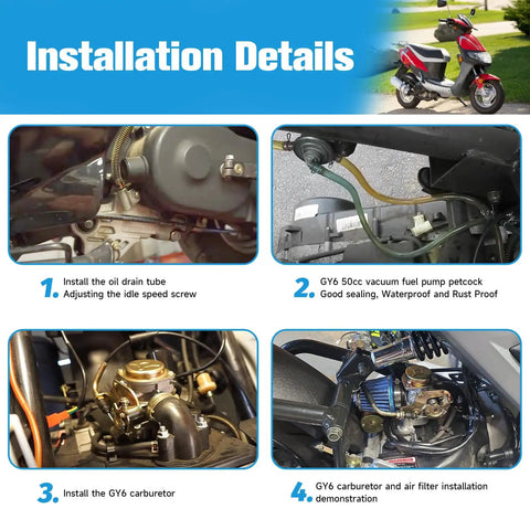 Installation steps for GY6 50cc Carburetor Kit PD18J Fits 139QMB 4 Stroke Engines on Chinese scooters with detailed images