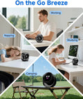 Portable Desk Fan with LED Display and 5 Speed Turbo Airflow shown in home office, study area, nap space, and campsite.