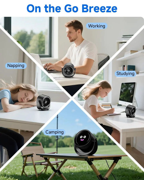 Portable Desk Fan with LED Display and 5 Speed Turbo Airflow shown in home office, study area, nap space, and campsite.