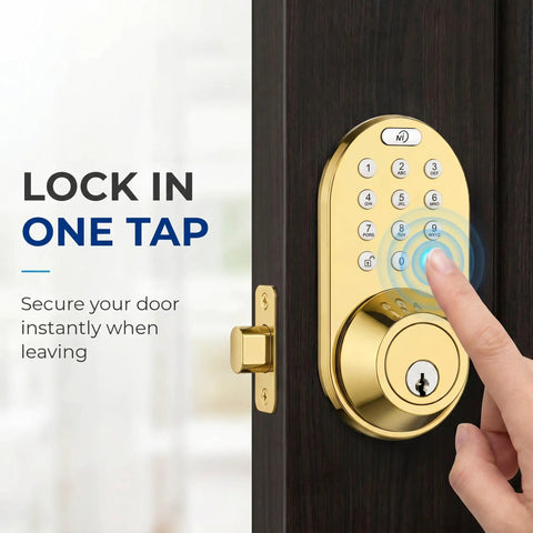 No Sweat Smart Keypad Deadbolt With Top Shelf Polished Brass Finish And One Touch Locking Stores Fifteen Custom Codes Smooth Digital Entry Rock Solid Front Door Security Upgrade