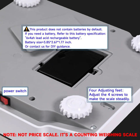 Hella Accurate 33 Pound Piece Counting Scale With Tight Zero Point Five Gram Specs Sturdy Bench Platform showing power switch and adjustment feet.
