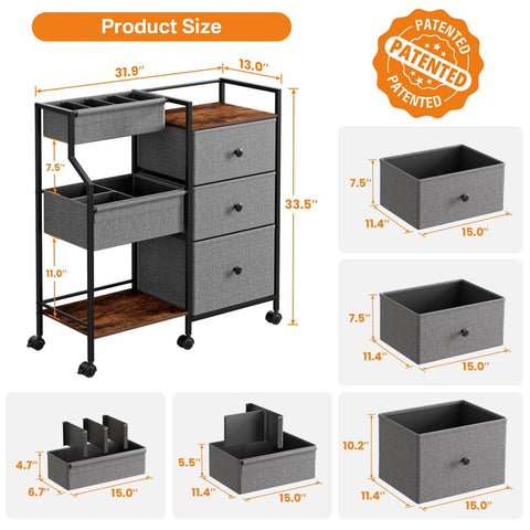 Three Tier Rolling Diaper Caddy Organizer With Dividers And Drawers For Nursery Use, 31.89 inches long, size dimensions included.