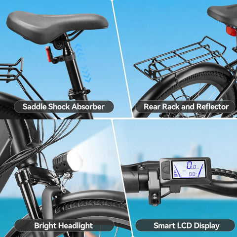 Powerful 1000W Peak Step-Through Electric Bike For Adults, 23 MPH Top Speed And 80 Mile Range, 65Nm Torque, Smooth Hills Climb, Go-To Commuter For Daily Errands And Weekend Adventures. Saddle shock absorber, rear rack, headlight and LCD display
