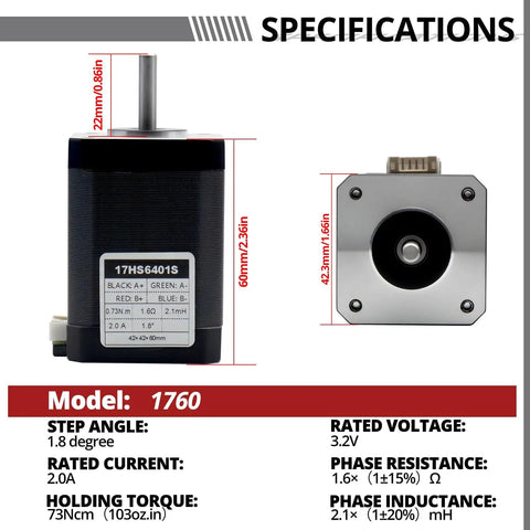 Specifications of 3 Piece Nema 17 Bipolar Stepper Motor Kit 2A 60mm Body 73Ncm Torque 1.8 Degree 4 Lead
