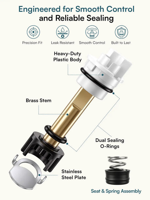 No Sweat Top Shelf Two Handle Delta Faucet Repair Kit Rp25513 Stem Assembly showcasing brass stem, plastic body, and rubber O-rings.