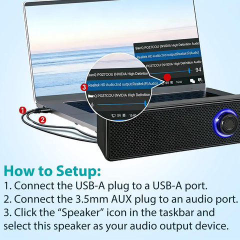 Setup guide for USB A Powered Computer Speakers For Desktop And Laptop, Dope Wired Stereo PC Speakers with 3.5mm Aux Jack