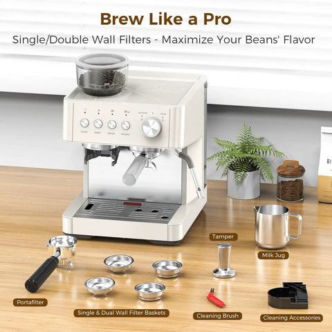 2026 Upgrade 15 Bar Espresso Machine With Grinder And Milk Frother Steam Wand For Home Use, 58mm Commercial Style Espresso Maker