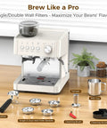 Kick Up Your Daily Grind With This Rock Solid Commercial Espresso Machine Featuring A Built In Grinder Steam Wand And Heavy Duty Tamping Kit For Flawless Lattes In Clean White on countertop with accessories.