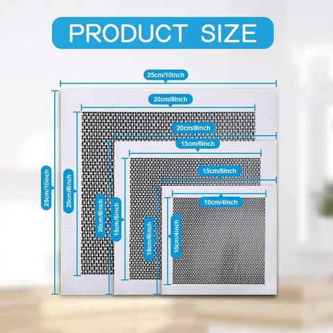 Diagram showing different sizes of patches in the Six Pack 4x4 Inch Self Adhesive Aluminum Drywall Patch Kit for walls and ceilings.
