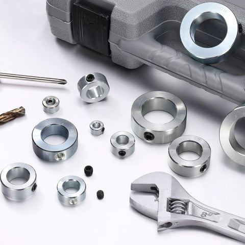 Assorted Six Pack Set Screw Shaft Collars with Hollow Design, tools and hardware for machinery, showing zinc plated carbon steel finish