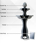 Tall White 44 Inch Fiberglass Resin Solar Water Fountain With Panel And Auto Shut Off Pump, front view with labeled parts