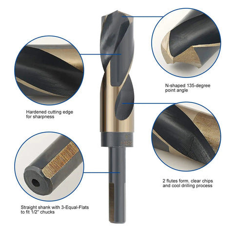 Reduced Shank Drill Bit Set For Metal Wood Plastic, 8 Sizes From 9/16 To 1 Inch, HSS M2 With Titanium Black Nitride Coatings